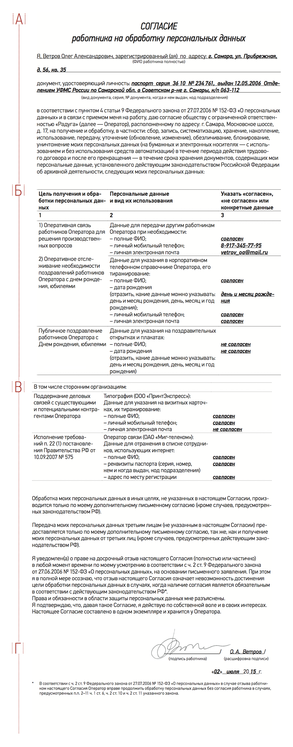 Согласие на обработку персональных данных – Трудовые споры № 7, Июнь 2015