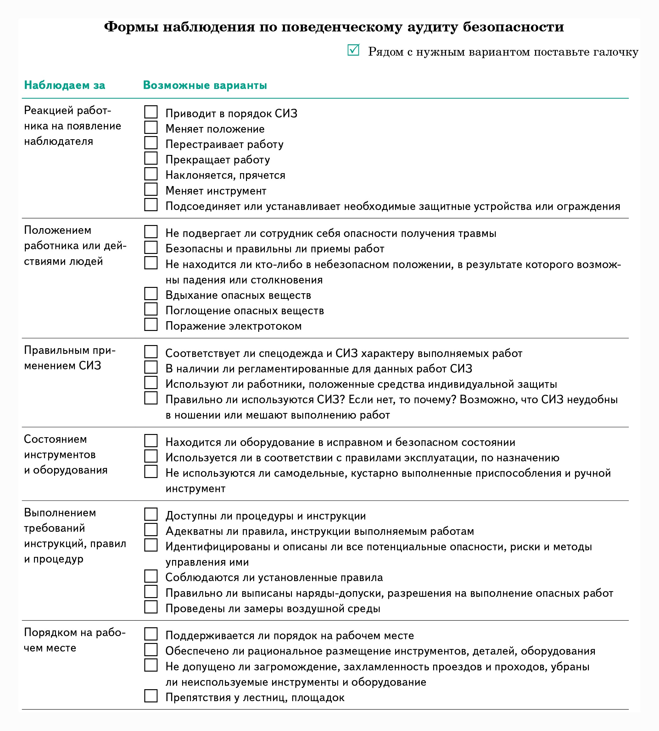 Образец формы наблюдения по поведенческому аудит – Справочник специалиста  по охране труда № 9, Сентябрь 2016