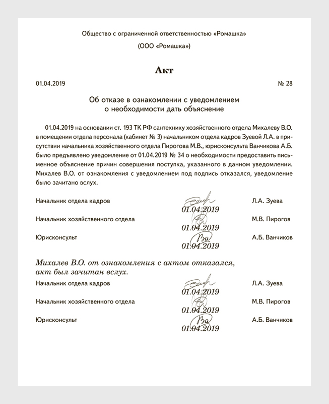 Акт об отказе от ознакомления с приказом образец рб