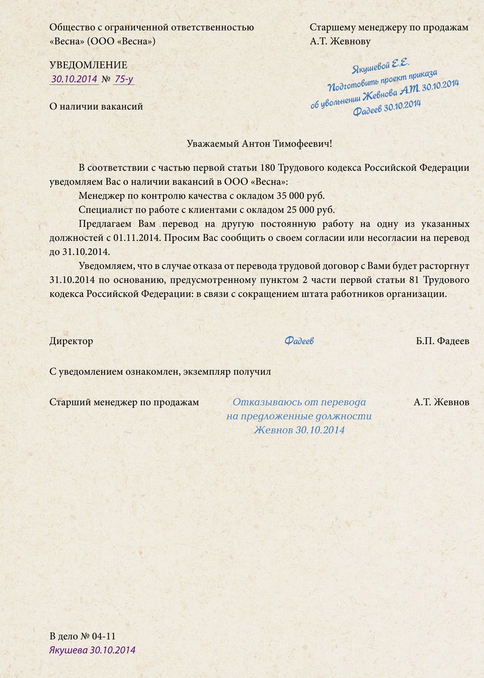 Уведомление о сокращении должности и предложение другой должности образец