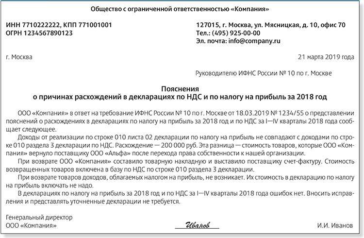 Как написать пояснение в налоговую по налогу на имущество образец