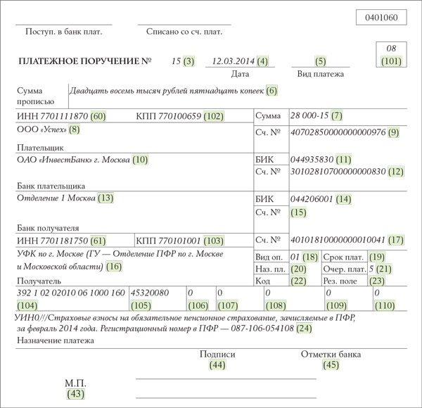 Образец платежного поручения с полями для заполнения