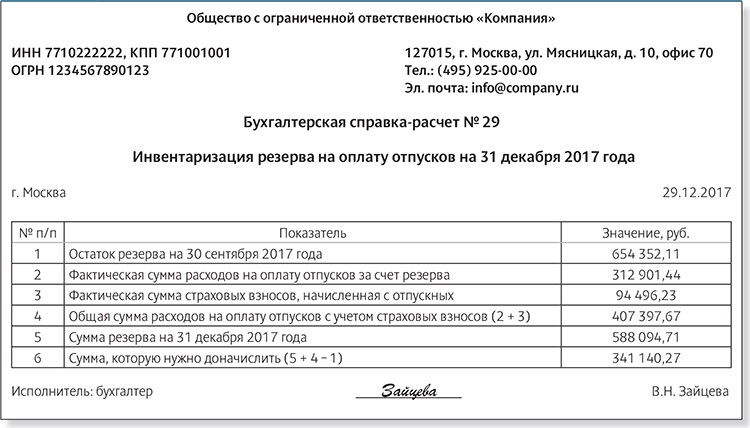 Инвентаризация резервов отпусков в конце года образец