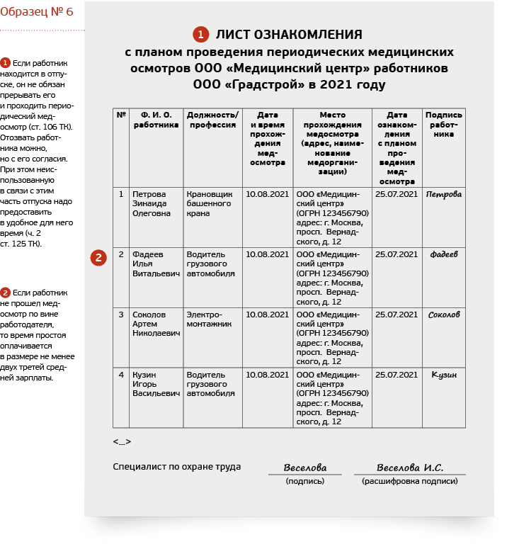 Календарный план медицинских осмотров работников образец