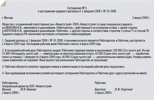 Соглашение о расторжении трудового договора по соглашению сторон образец 2022 с выплатой компенсации