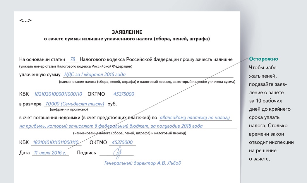 Заявление на зачет страховых взносов образец