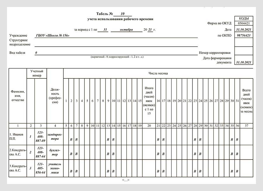 Табель учета рабочего времени 0504421 образец заполнения