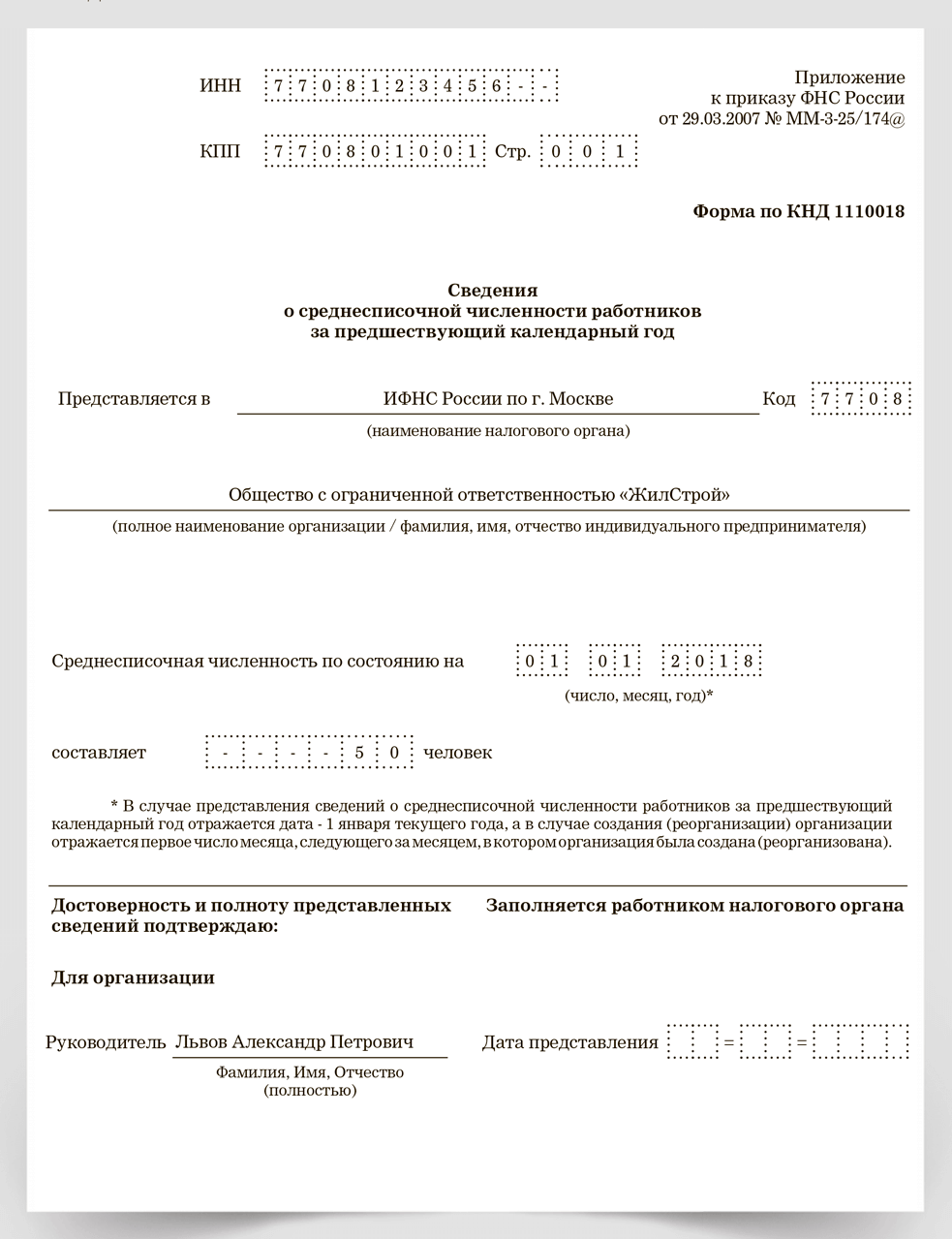 Сведения о среднесписочной численности работников для контрагента образец