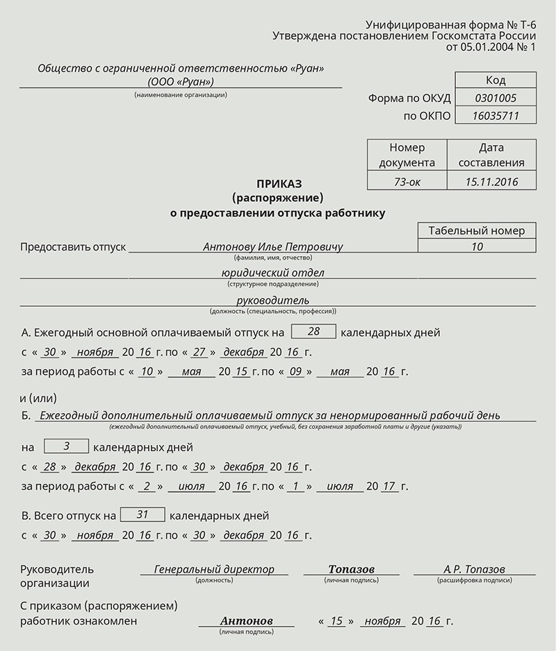 Приказ на отпуск ежегодный оплачиваемый отпуск образец