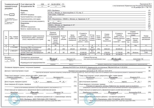 Оформление упд по доверенности образец