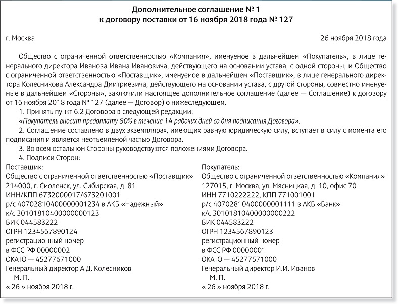 Дополнительное соглашение о продлении срока действия контракта по 44 фз образец