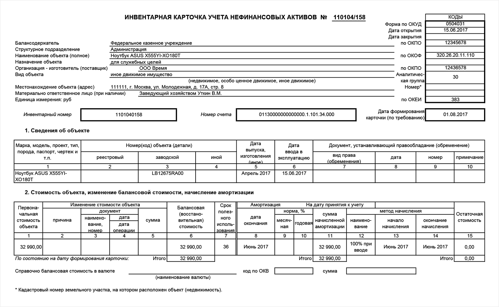 Ос 6 инвентарная карта