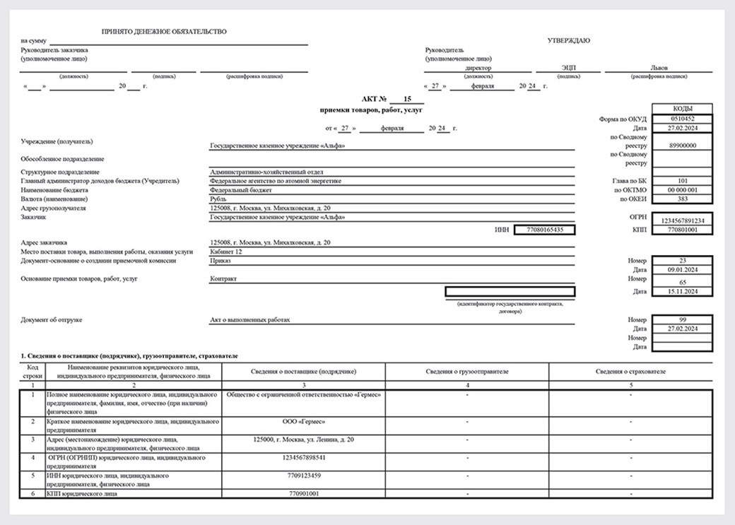 Акт приемки товара форма 0510452