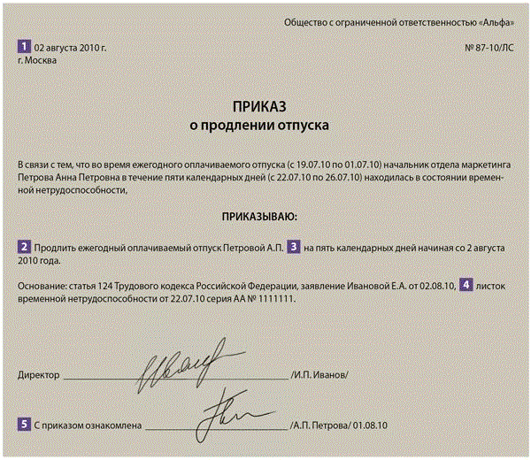 Приказ о продлении отпуска в связи с командировкой образец