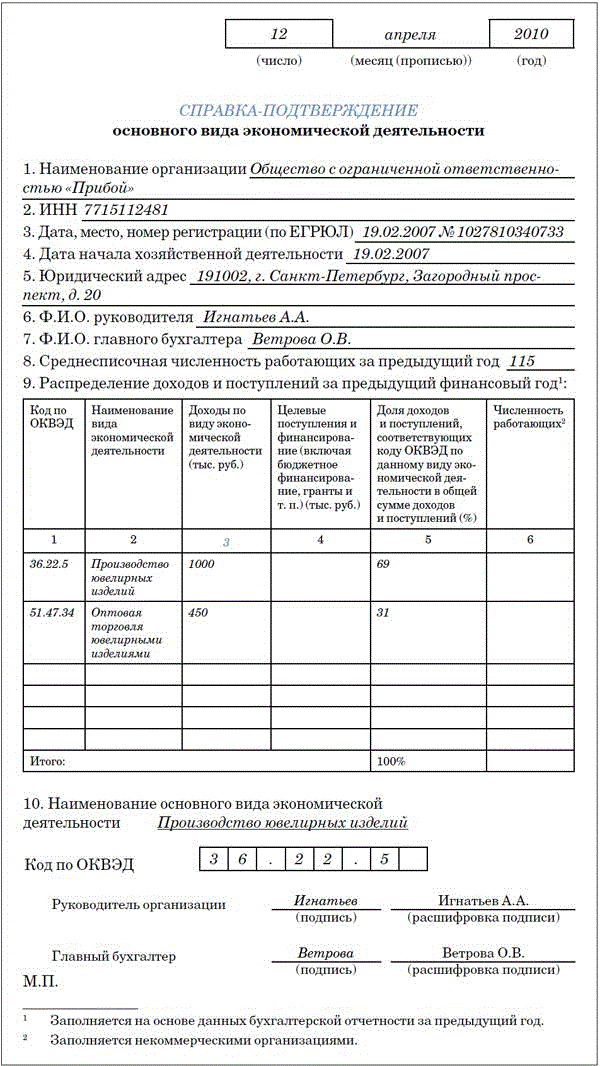 Справка подтверждение оквэд образец