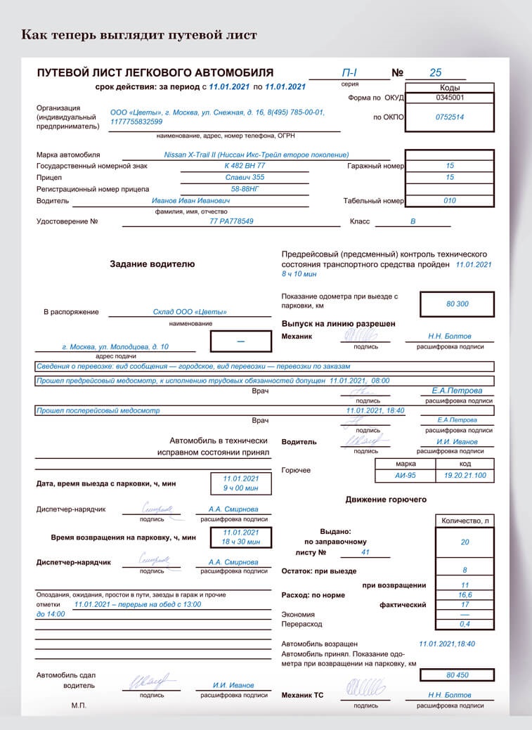 Как правильно заполнить путевой лист легкового автомобиля образец