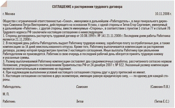 Соглашение об увольнении по соглашению сторон с компенсацией образец