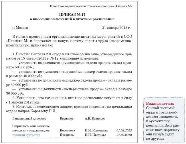 Приказ на повышение окладов всем сотрудникам образец к штатному расписанию