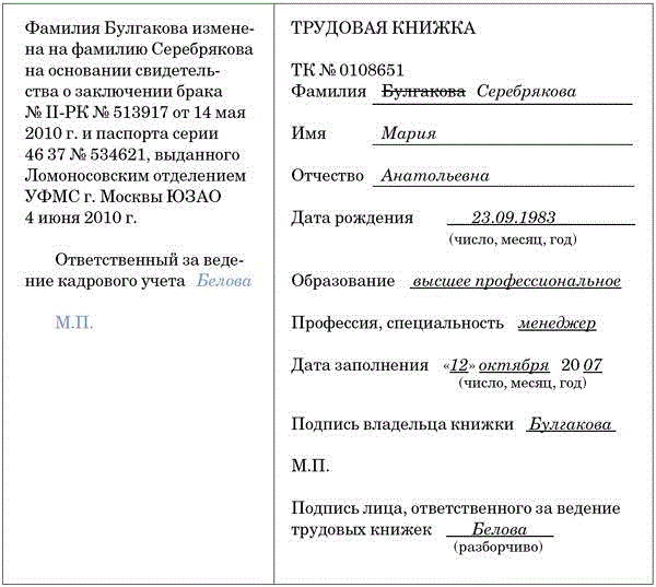 Запись в трудовой книжке на смену фамилии после замужества образец