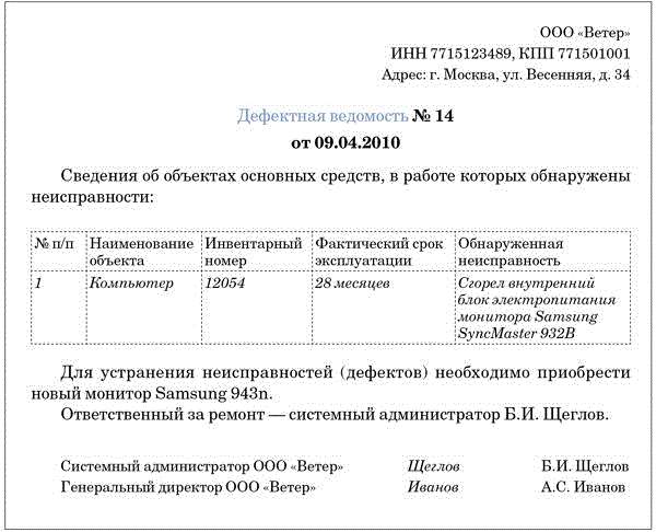 Акт дефектовки компьютера образец