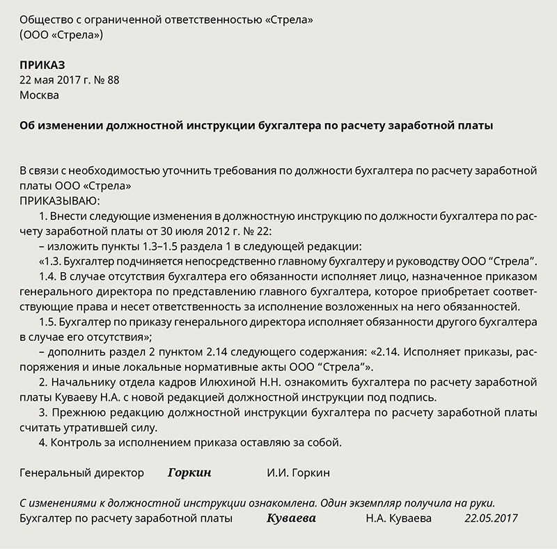 Образец приказа о внесении изменений в должностную инструкцию учителя