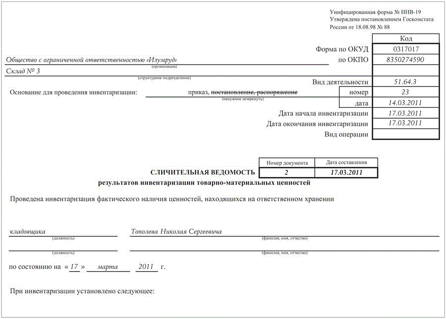 Акт инвентаризации тмц образец