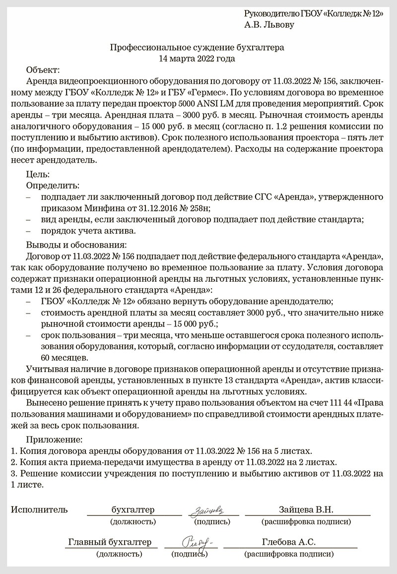 Образец профессионального суждения бухгалтера об аренде на льготных ...