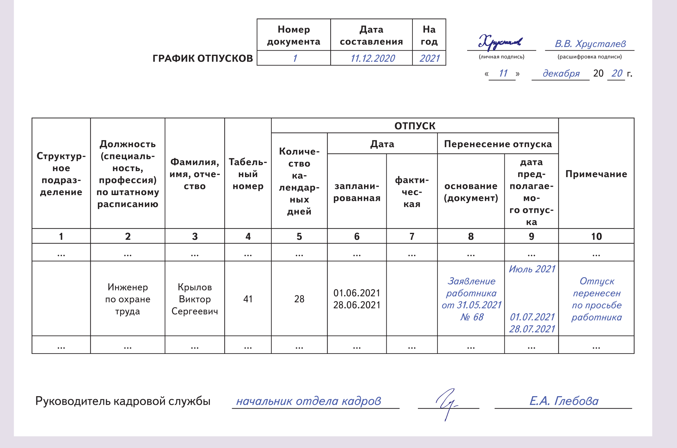 Приказ на график отпусков на 2024