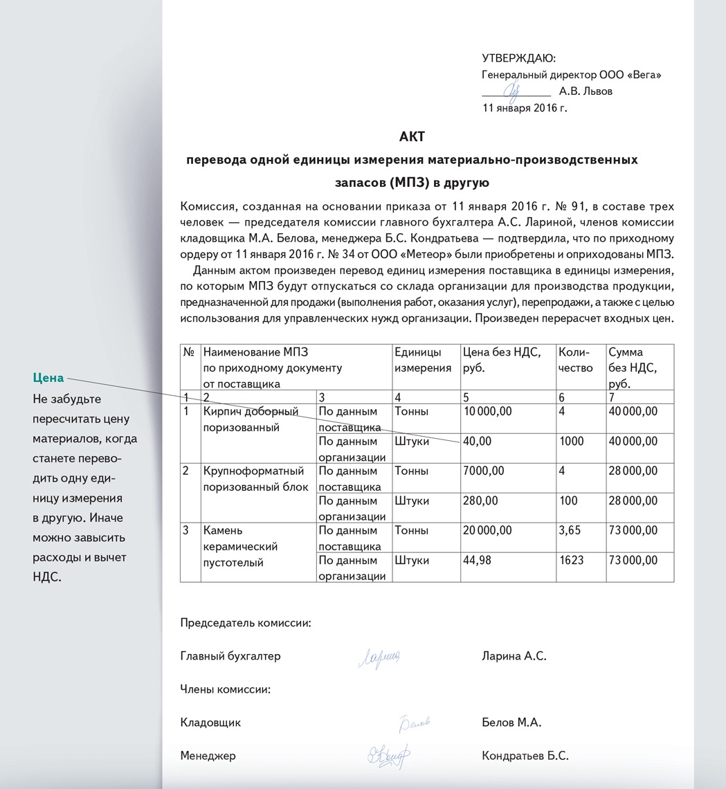 Акт перевода единиц измерения образец для бухгалтерии