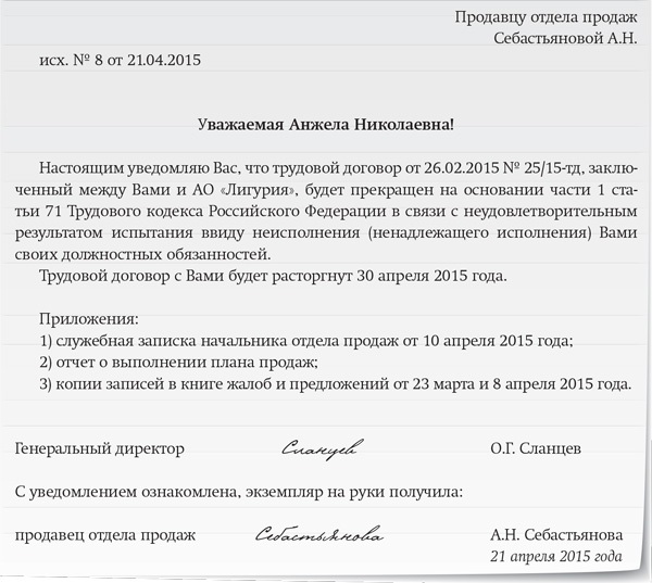 Уведомление о расторжении трудового договора с связи с непрохождением испытательного срока образец