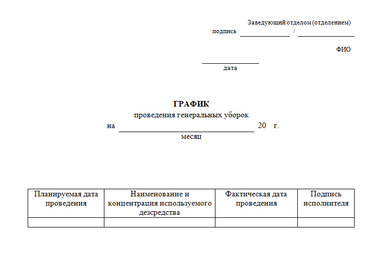 График проведения генеральных уборок образец заполнения журнал