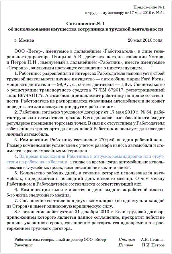 Соглашение на компенсацию расходов образец