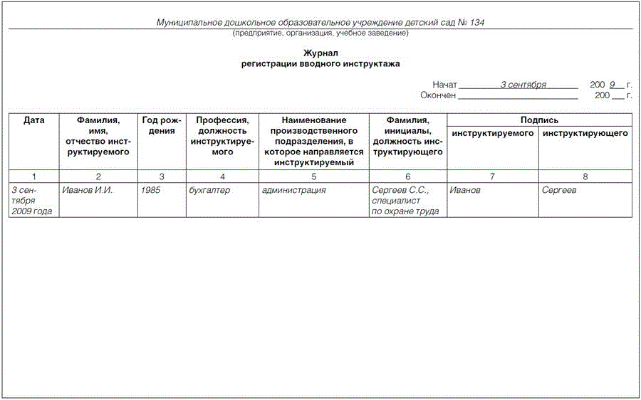 Заполнение вводного инструктажа образец