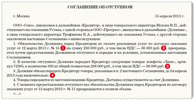 Соглашение об отступном по договору займа путем передачи имущества образец