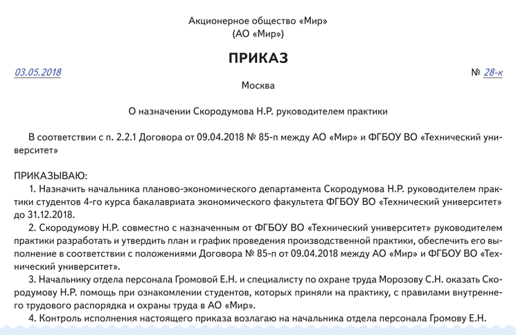 Образец приказ о назначении руководителя практики образец