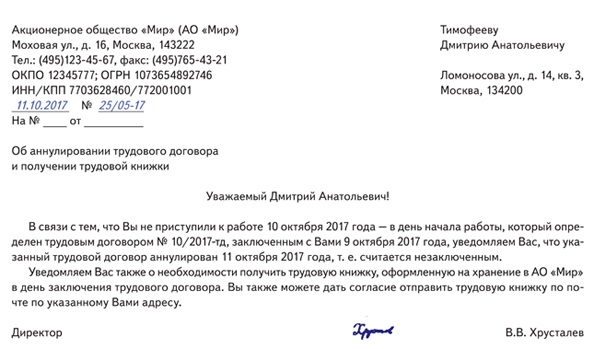 Образец приказ об аннулировании трудового договора образец