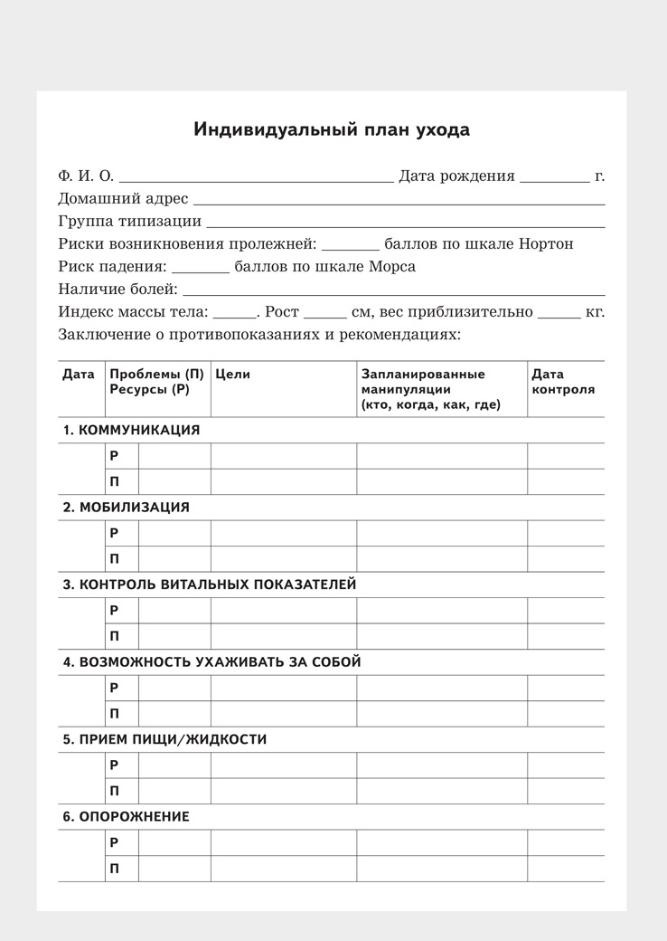 Индивидуальный план ухода за гражданами пожилого возраста и инвалидами