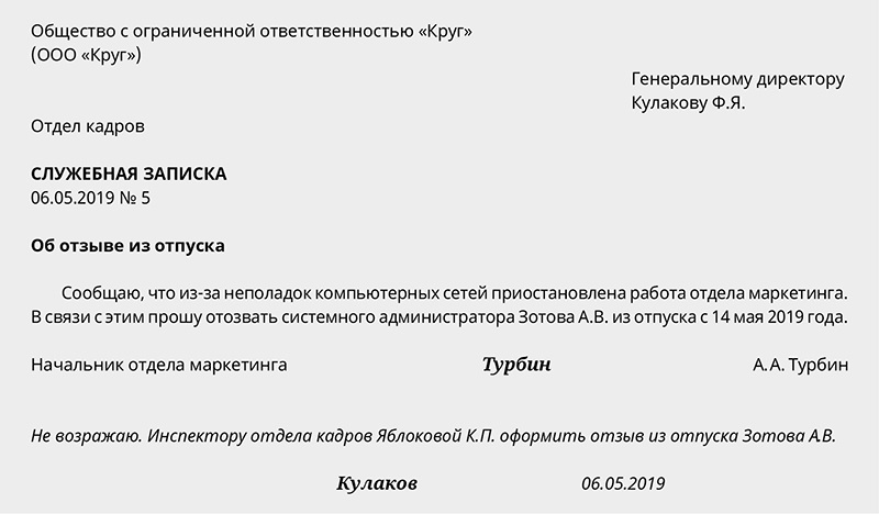 Образец приказа об отмене отпуска в связи с производственной необходимостью