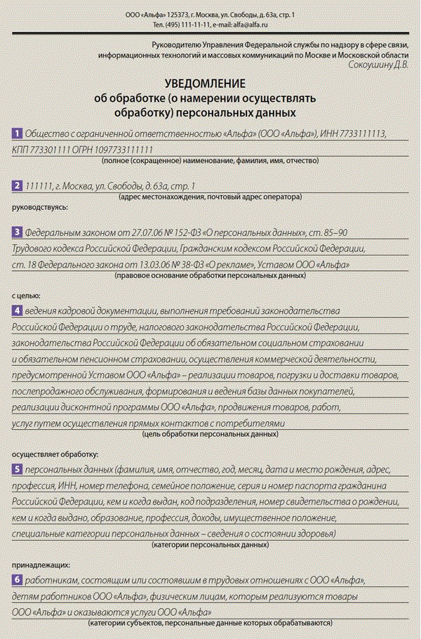 Уведомление об обработке персональных данных образец