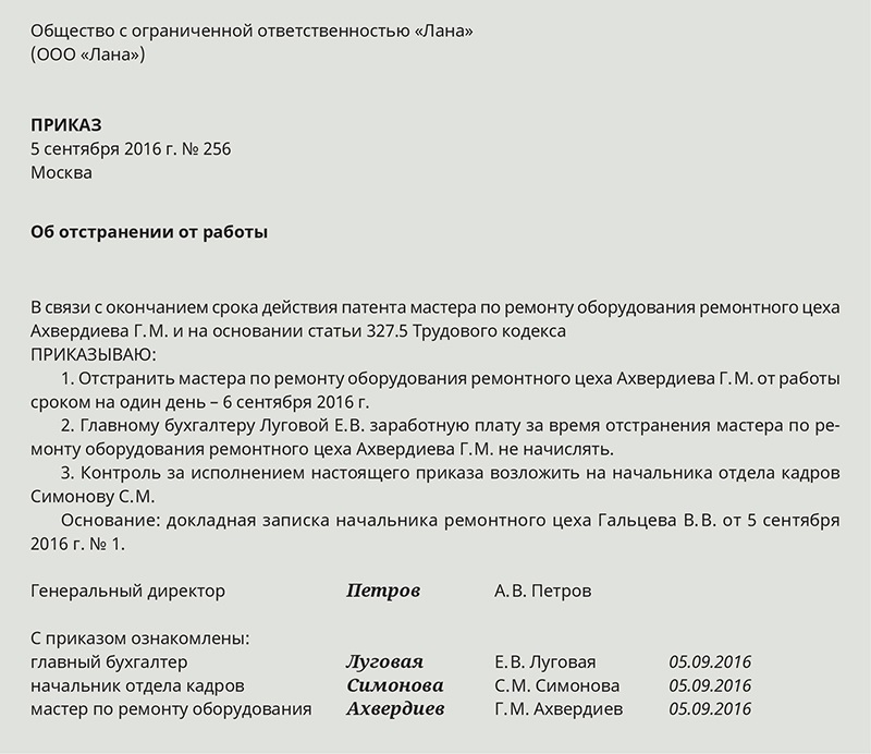 Приказ об увольнении по истечении срока трудового договора образец