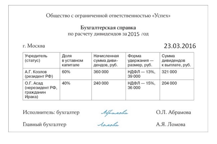 Справка о дивидендах учредителю образец