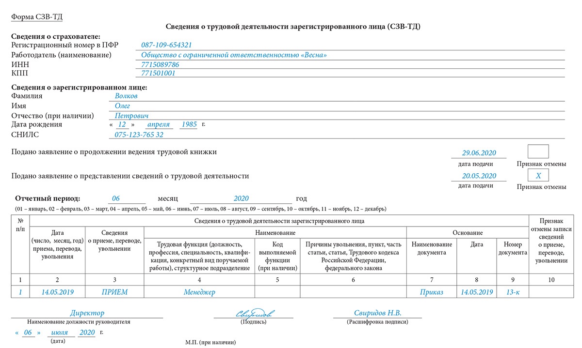 Сзв тд при переводе на другую должность образец