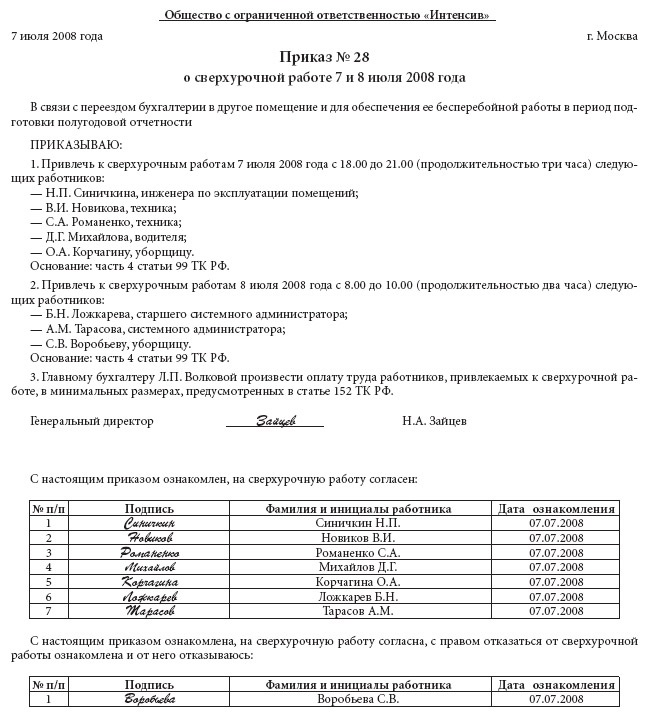 Образец приказ об оплате переработки при суммированном учете рабочего времени