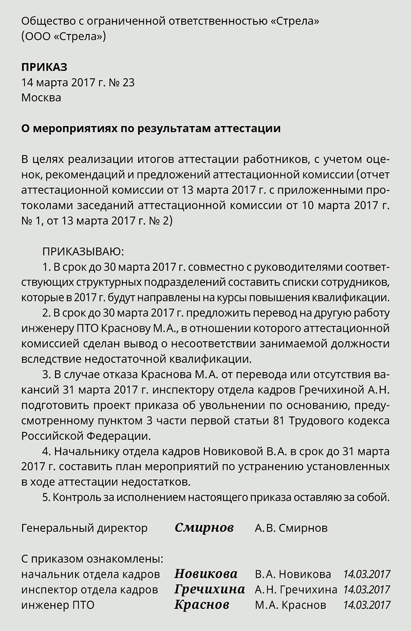 Образец приказа аттестация работников