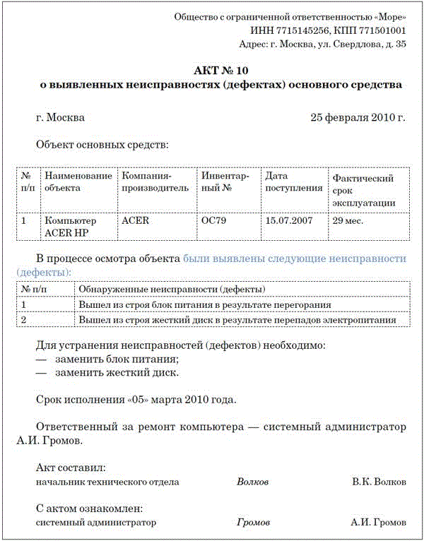 Акт обследования основных средств для списания образец