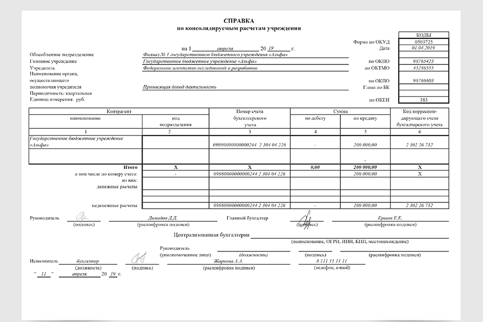 Образец заполнения формы 0503725