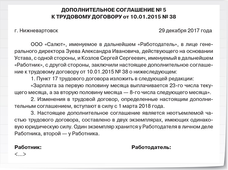 Образец изменения к трудовому договору