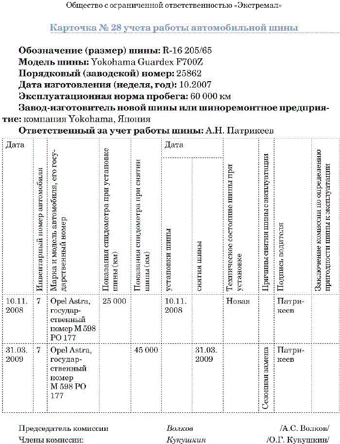 Карточка учета шин образец