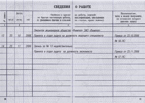 Запись в трудовой книжке о том что запись недействительна образец