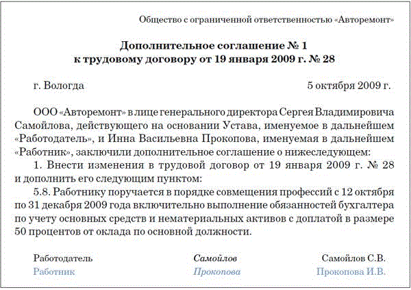 Соглашение о надбавке к окладу образец доп